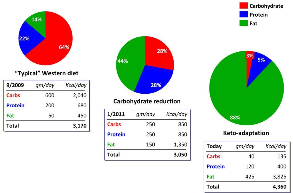 Change from typical diet, to low carb diet, to ketogenic (high fat) diet